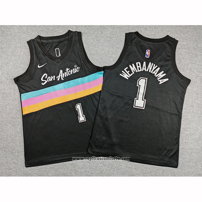 Camiseta Nino San Antonio Spurs Victor Wembanyama NO 1 Ciudad 2025-26 Negro